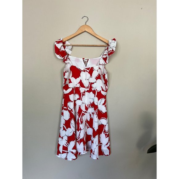 Revolve J.O.A. Floral Mini Dress Medium Red White Summer Ruffles Boho - Picture 6 of 11